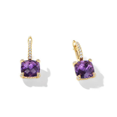 Chatelaine Drop Earrings in 18K Yellow Gold with Amethyst and Diamonds, 11mm - Image 2