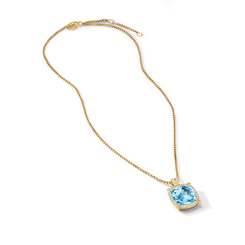 Chatelaine Pavé Bezel Pendant Necklace in 18K Yellow Gold with Blue Topaz and Diamonds, 14mm - Image 2