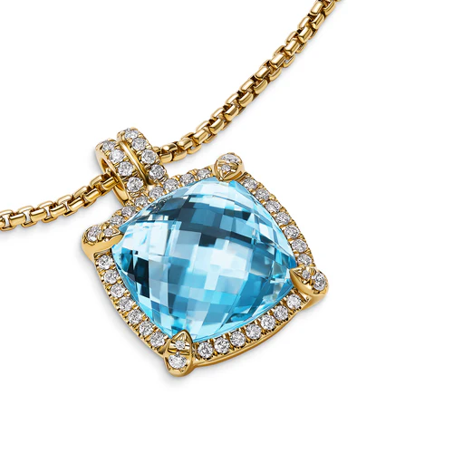 Chatelaine Pavé Bezel Pendant Necklace in 18K Yellow Gold with Blue Topaz and Diamonds, 14mm - Image 4