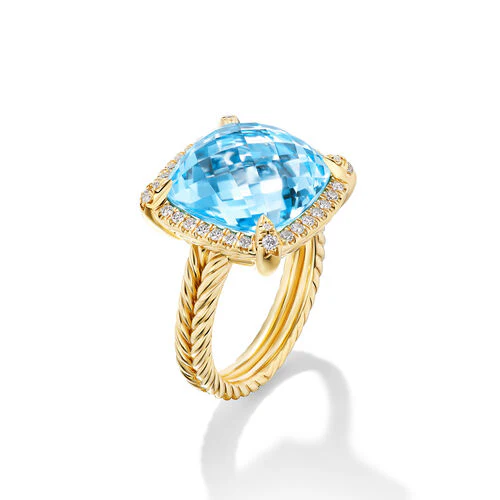 Chatelaine Pavé Bezel Ring in 18K Yellow Gold with Blue Topaz and Diamonds, 14mm - Image 2