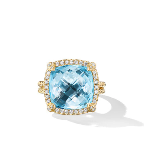 Chatelaine Pavé Bezel Ring in 18K Yellow Gold with Blue Topaz and Diamonds, 14mm - Image 3