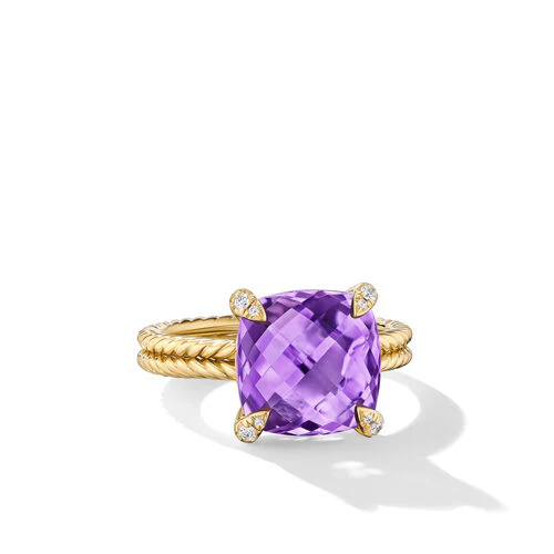 Chatelaine Ring in 18K Yellow Gold with Amethyst and Diamonds, 11mm