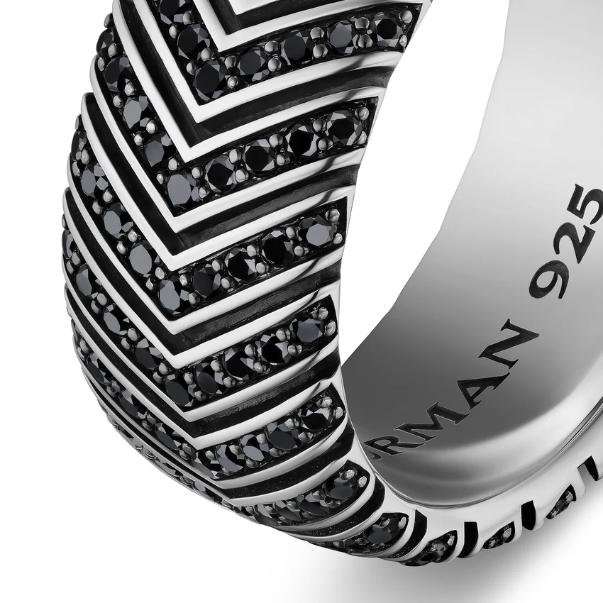 Chevron Band in Sterling Silver with Black Diamonds, 10mm, Size 10 - Image 2
