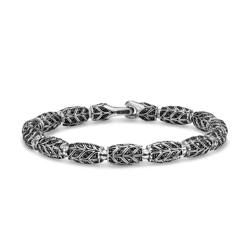 Chevron Bead Bracelet in Sterling Silver with Black Diamonds, 7.5mm, Size Medium