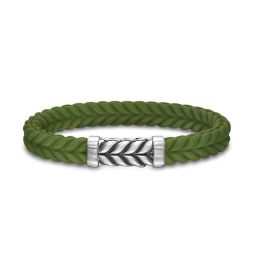 Chevron Bracelet in Green Rubber with Sterling Silver, 9mm, Size Medium