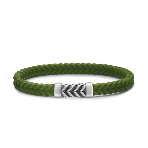 Chevron Bracelet in Green Rubber with Sterling Silver, Size Small