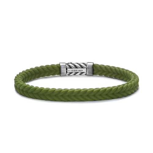 Chevron Bracelet in Green Rubber with Sterling Silver, Size Small - Image 2
