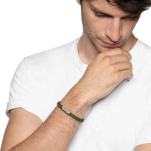 Chevron Bracelet in Green Rubber with Sterling Silver, Size Small - Image 5