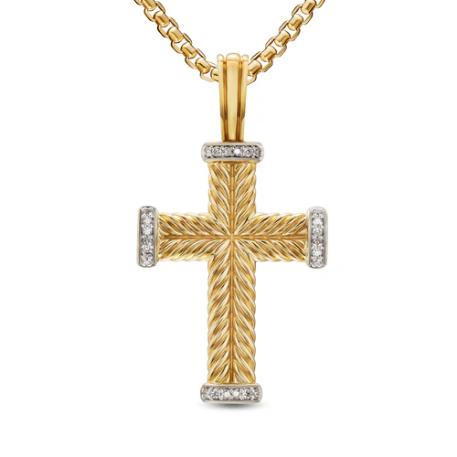 Chevron Cross Pendant in 18K Yellow Gold with Diamonds, 32.6mm