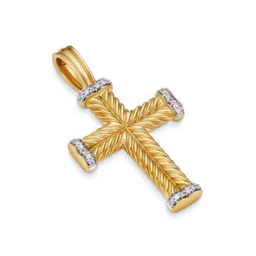 Chevron Cross Pendant in 18K Yellow Gold with Diamonds, 32.6mm - Image 3