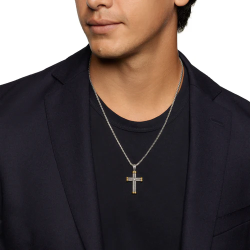 Chevron Cross Pendant in Sterling Silver with 18K Yellow Gold, 33mm - Image 6