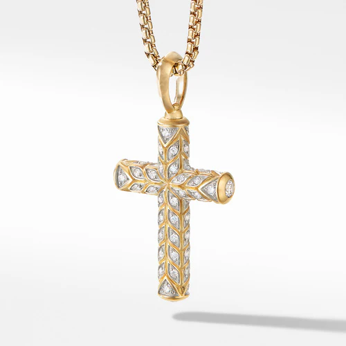 Chevron Sculpted Cross Pendant in 18K Yellow Gold with Pavé Diamonds - Image 2