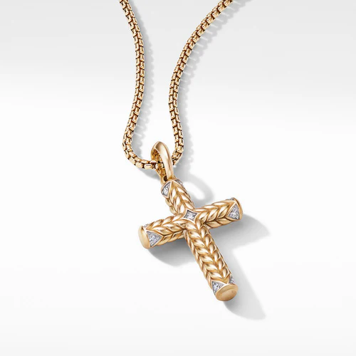 Chevron Sculpted Cross Pendant in 18K Yellow Gold with Pavé Diamonds - Image 3