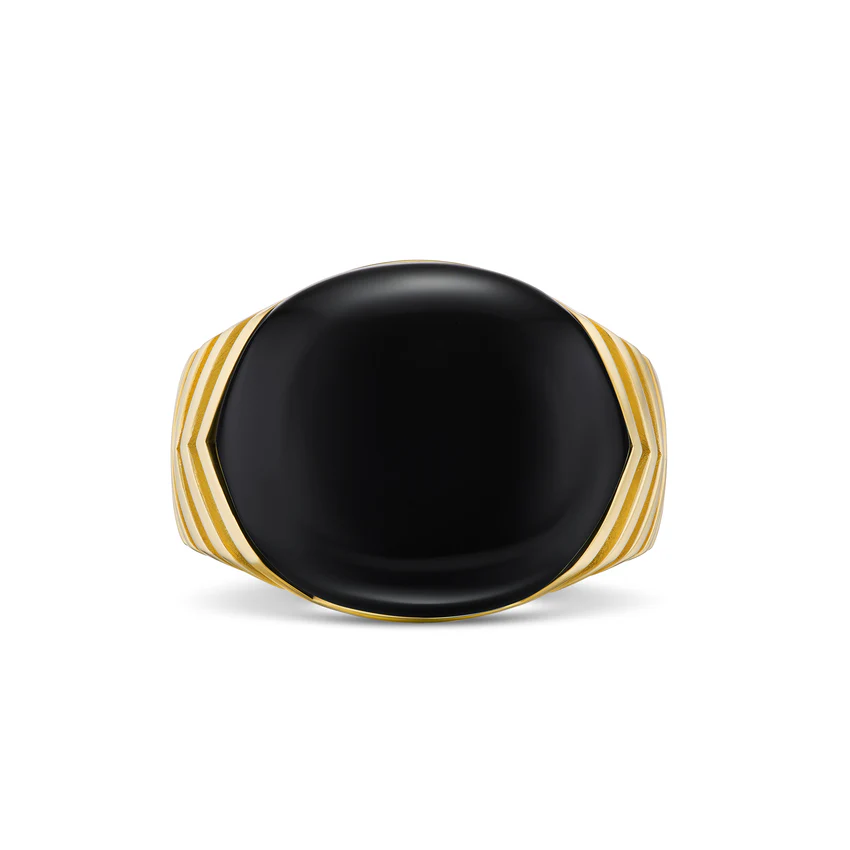 Chevron Signet Ring in 18K Yellow Gold with Black Onyx, 18mm, Size 9 - Image 2