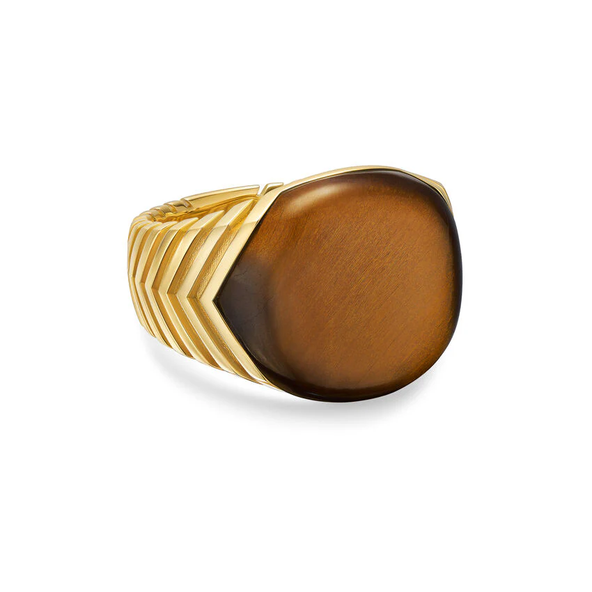 Chevron Signet Ring in 18K Yellow Gold with Tiger's Eye, 18mm, Size 9