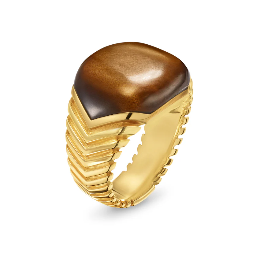 Chevron Signet Ring in 18K Yellow Gold with Tiger's Eye, 18mm, Size 9 - Image 2