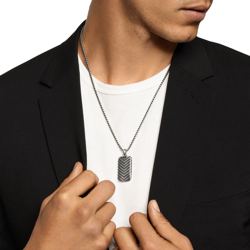 Chevron Tag in Sterling Silver with Black Diamonds, 34mm - Image 4