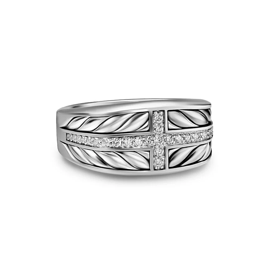 Chevron Three Sided Signet Ring in Sterling Silver with Diamonds, 12.5mm, Size 9