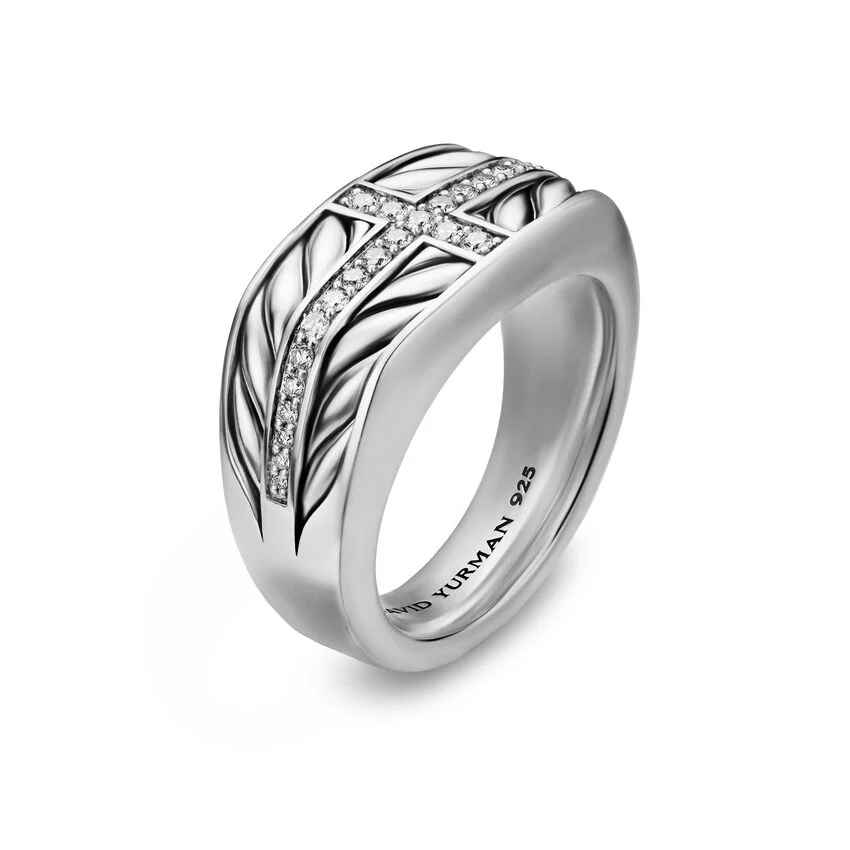 Chevron Three Sided Signet Ring in Sterling Silver with Diamonds, 12.5mm, Size 9 - Image 2