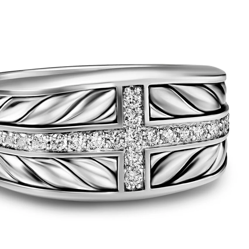 Chevron Three Sided Signet Ring in Sterling Silver with Diamonds, 12.5mm, Size 9 - Image 3