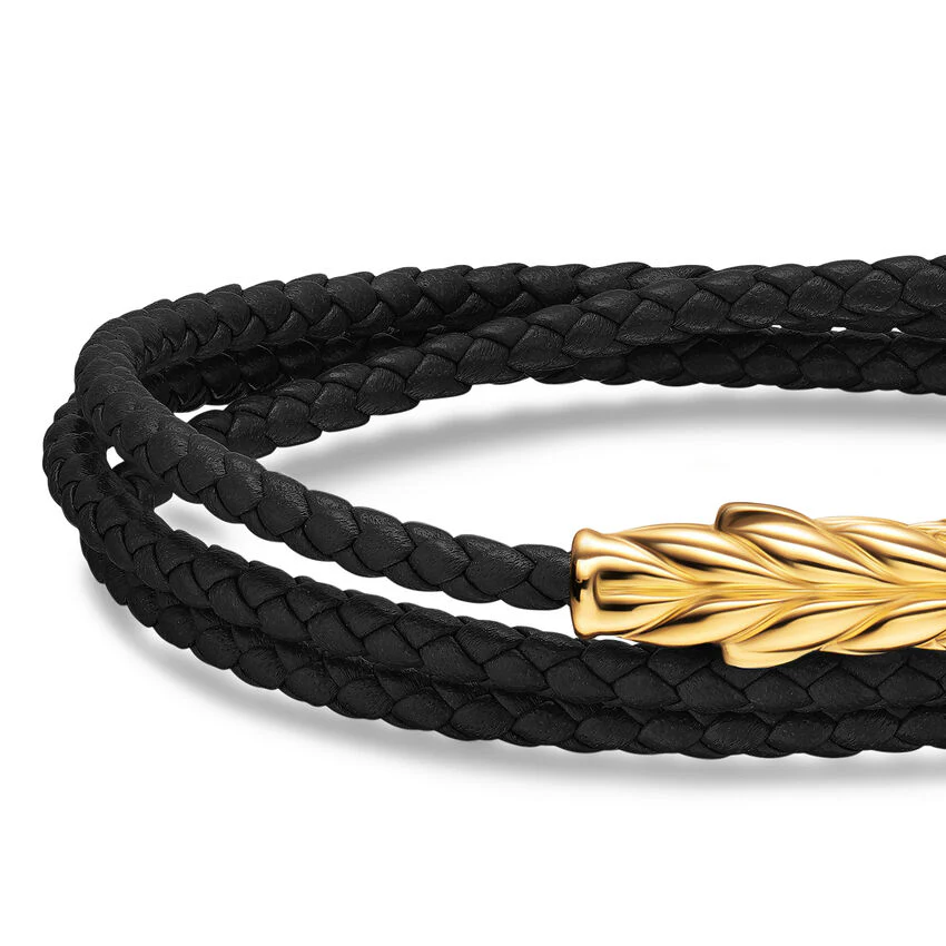 Chevron Triple Wrap Bracelet in Black Leather with 18K Yellow Gold, 3mm, Size Medium - Image 4