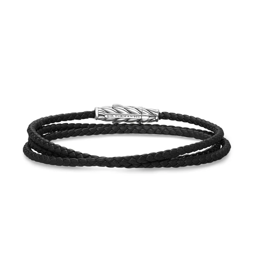 Chevron Triple Wrap Bracelet in Black Leather with Sterling Silver, 3mm, Size Medium - Image 2