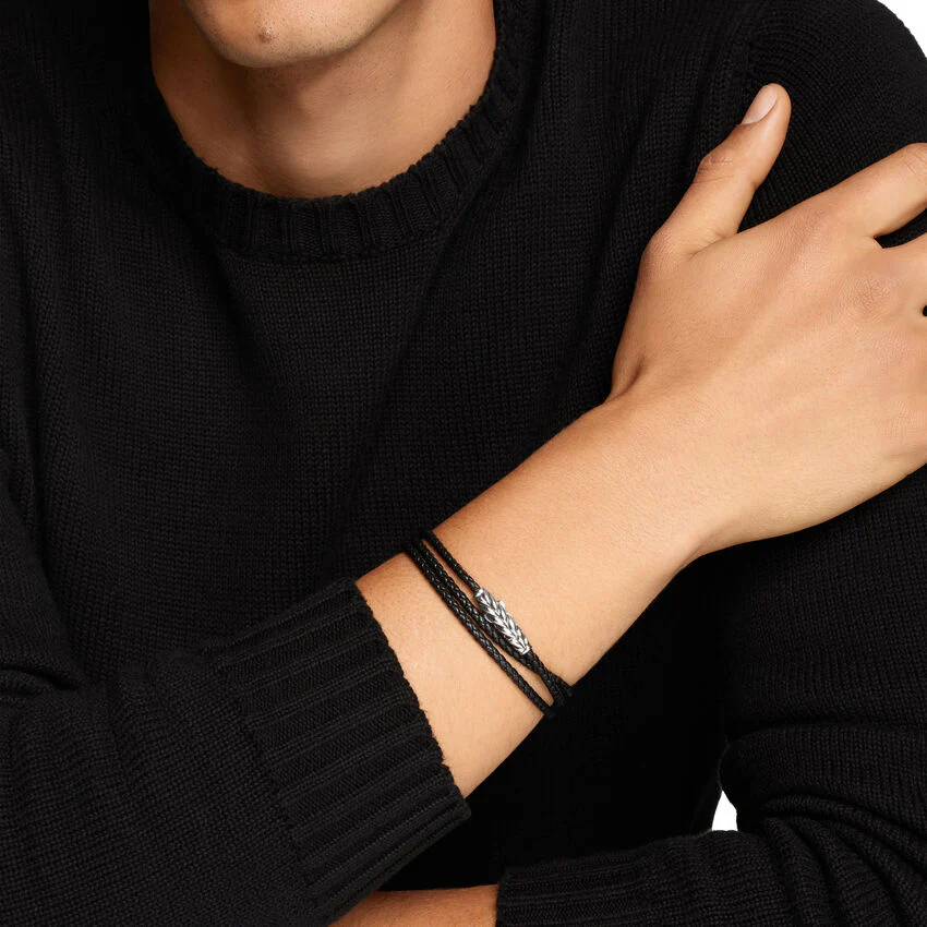 Chevron Triple Wrap Bracelet in Black Leather with Sterling Silver, 3mm, Size Medium - Image 4