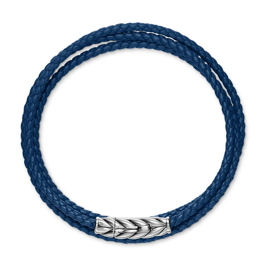 Chevron Triple Wrap Bracelet in Blue Leather with Sterling Silver, 3mm, Size Medium - Image 2