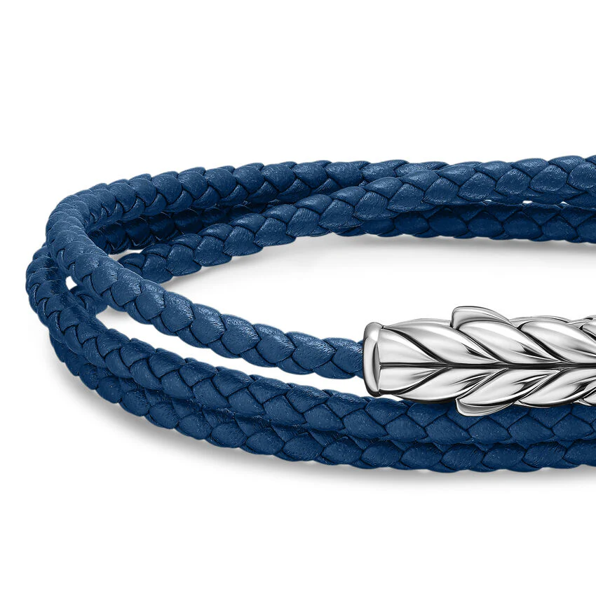 Chevron Triple Wrap Bracelet in Blue Leather with Sterling Silver, 3mm, Size Medium - Image 4