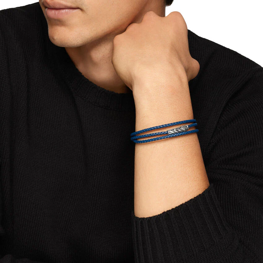 Chevron Triple Wrap Bracelet in Blue Leather with Sterling Silver, 3mm, Size Medium - Image 5
