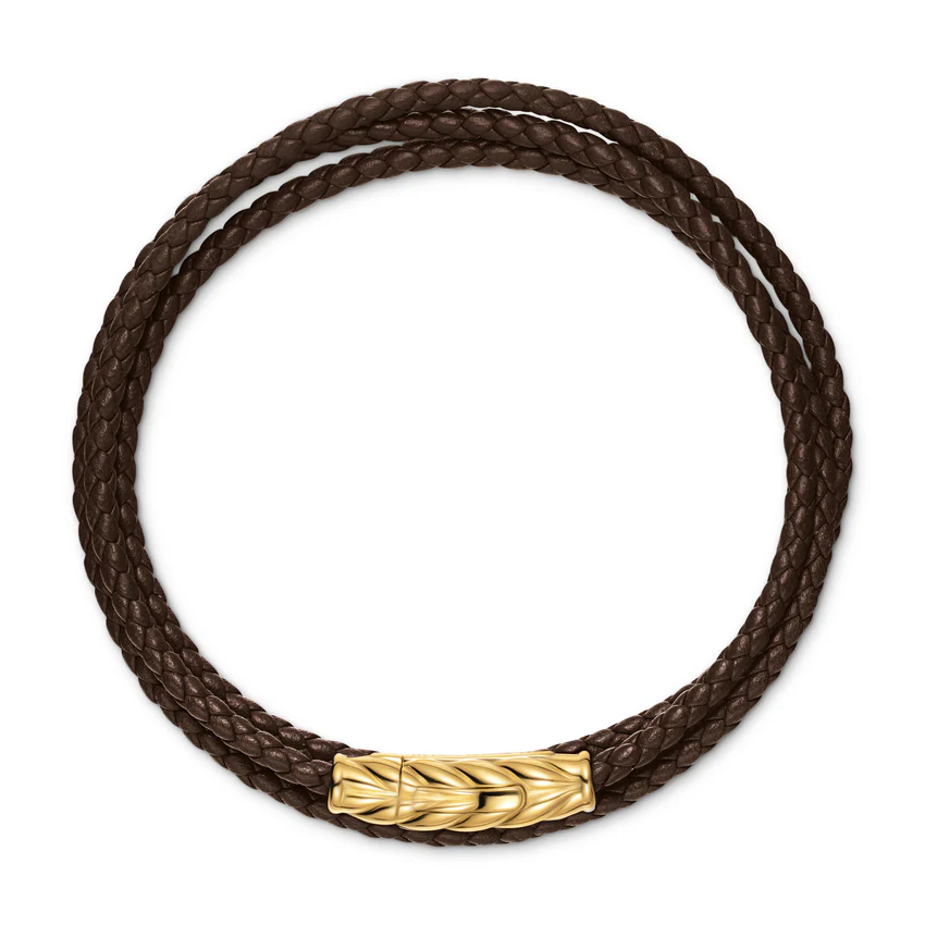 Chevron Triple Wrap Bracelet in Brown Leather with 18K Yellow Gold, 3mm, Size Medium - Image 2