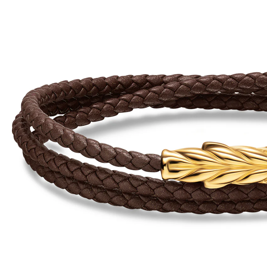 Chevron Triple Wrap Bracelet in Brown Leather with 18K Yellow Gold, 3mm, Size Medium - Image 4