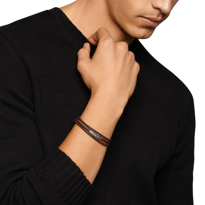 Chevron Triple Wrap Bracelet in Brown Leather with Sterling Silver, 3mm, Size Medium - Image 5