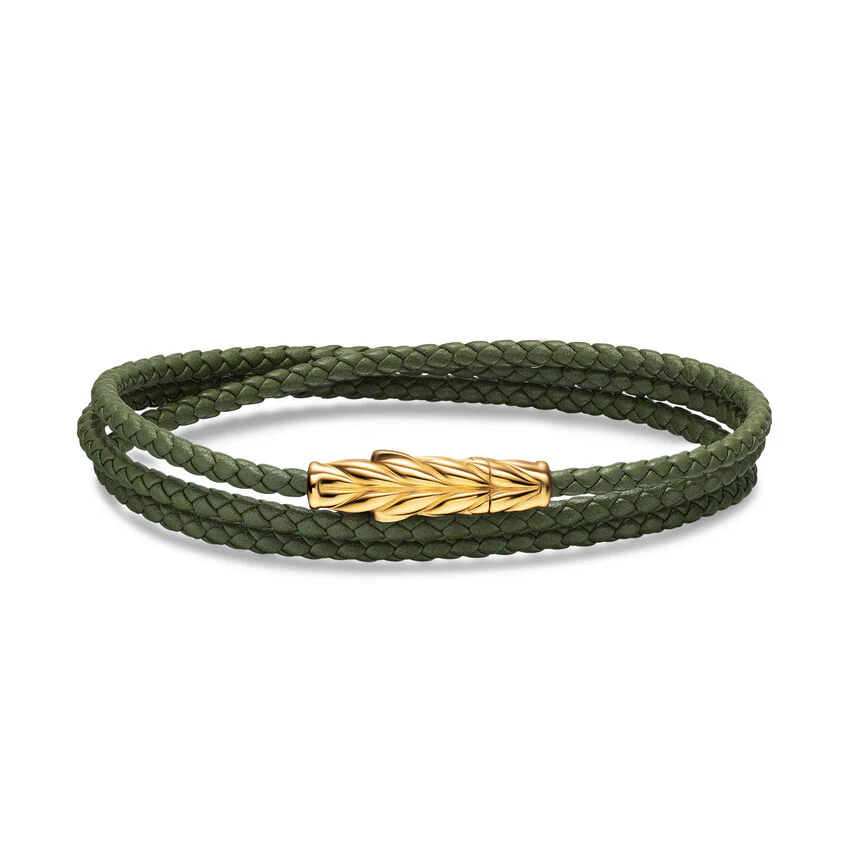 Chevron Triple Wrap Bracelet in Green Leather with 18K Yellow Gold, 3mm, Size Medium