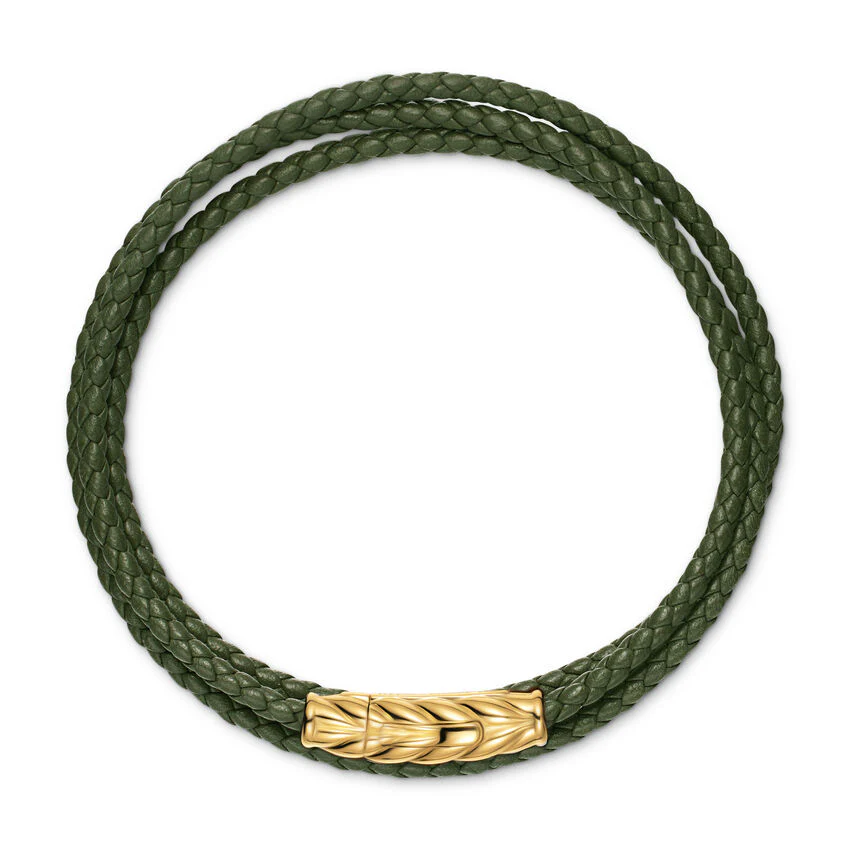 Chevron Triple Wrap Bracelet in Green Leather with 18K Yellow Gold, 3mm, Size Medium - Image 2
