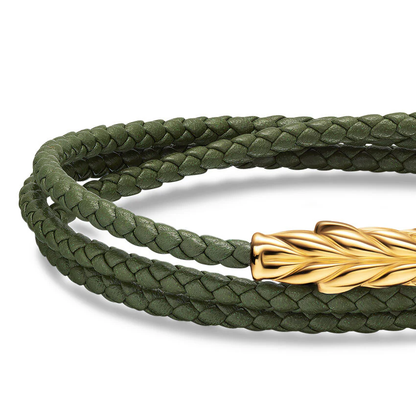 Chevron Triple Wrap Bracelet in Green Leather with 18K Yellow Gold, 3mm, Size Medium - Image 4