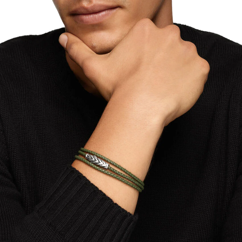 Chevron Triple Wrap Bracelet in Green Leather with Sterling Silver, 3mm, Size Medium - Image 4