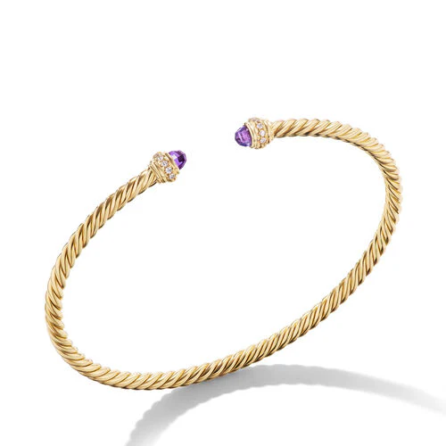 Classic Cablespira Bracelet in 18K Yellow Gold with Amethyst and Diamonds, 3mm - Image 2