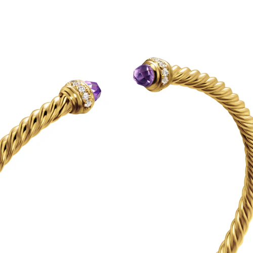 Classic Cablespira Bracelet in 18K Yellow Gold with Amethyst and Diamonds, 3mm - Image 3