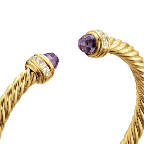 Classic Cablespira Bracelet in 18K Yellow Gold with Amethyst and Diamonds, 5mm - Image 3