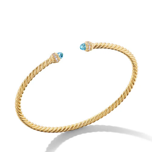 Classic Cablespira Bracelet in 18K Yellow Gold with Blue Topaz and Diamonds, 3mm - Image 2
