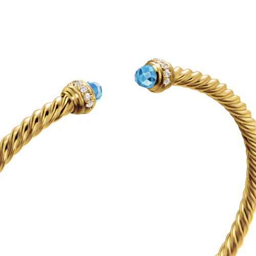 Classic Cablespira Bracelet in 18K Yellow Gold with Blue Topaz and Diamonds, 3mm - Image 3