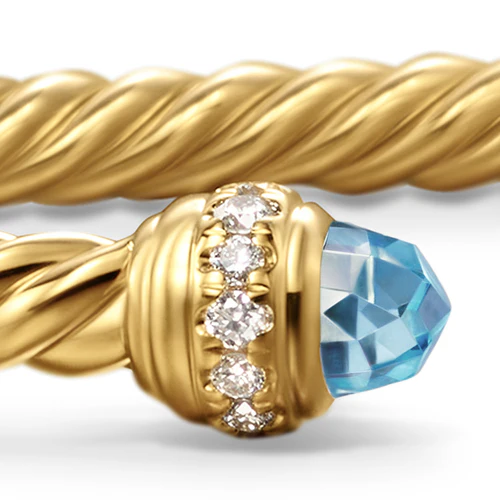 Classic Cablespira Bracelet in 18K Yellow Gold with Blue Topaz and Diamonds, 3mm - Image 4