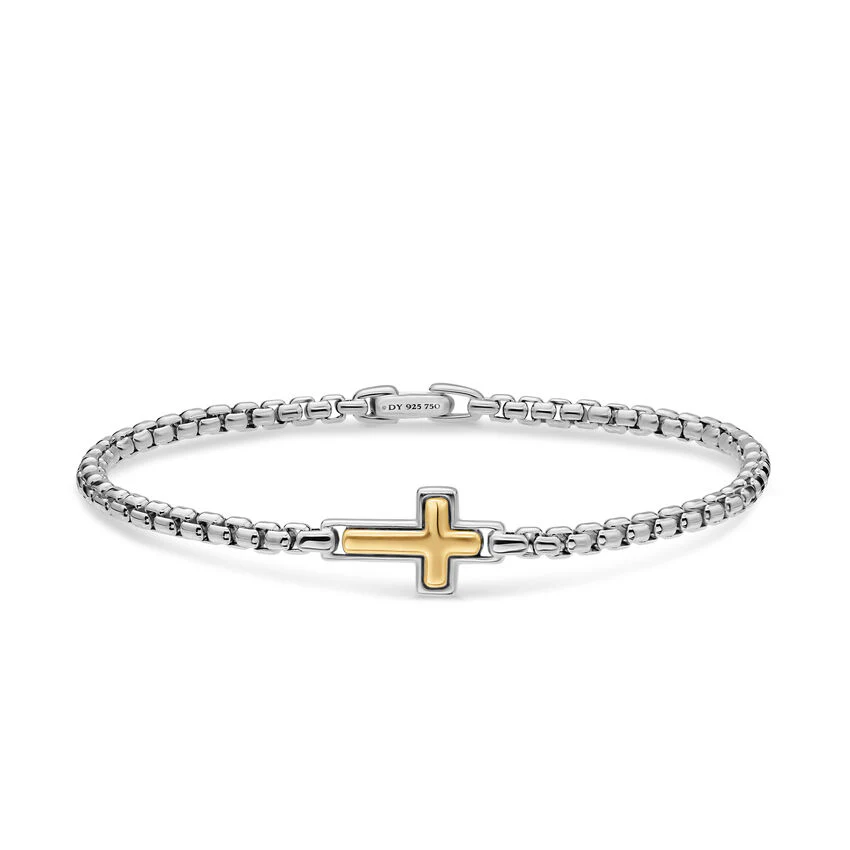 Cross Station Bracelet in Sterling Silver with 14K Yellow Gold, 3.6mm, Size Medium