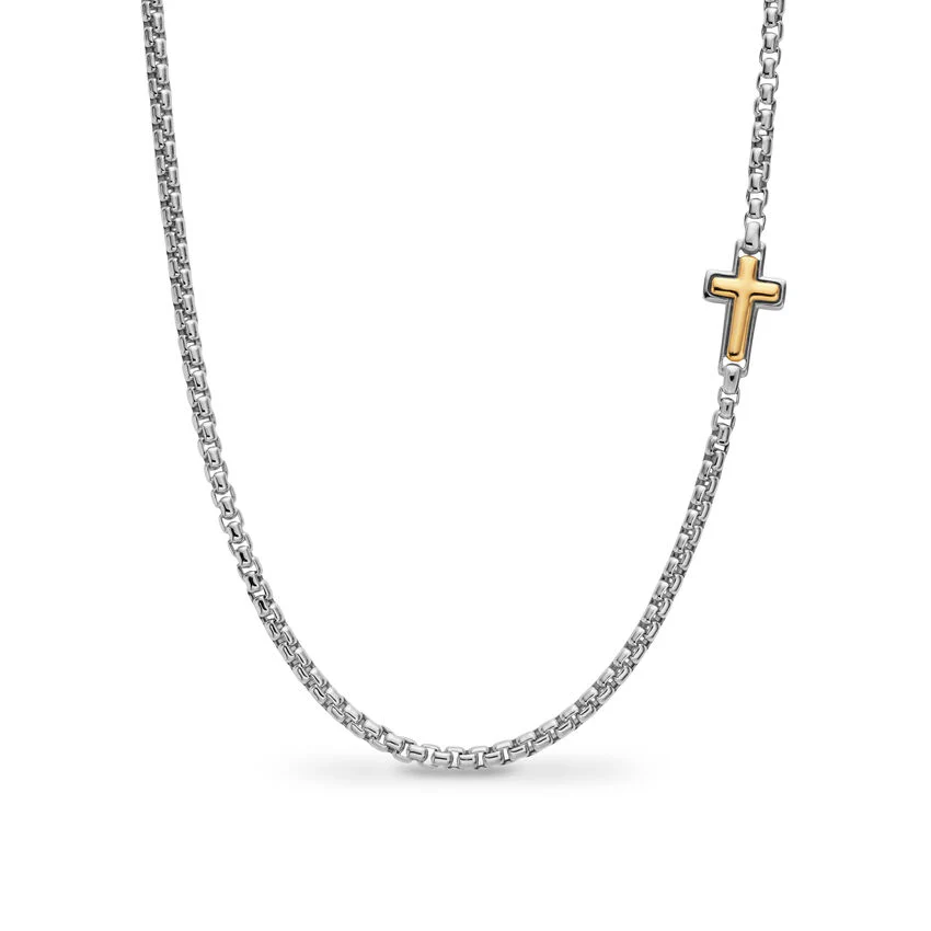 Cross Station Necklace in Sterling Silver with 14K Yellow Gold, 3.6mm, 24"