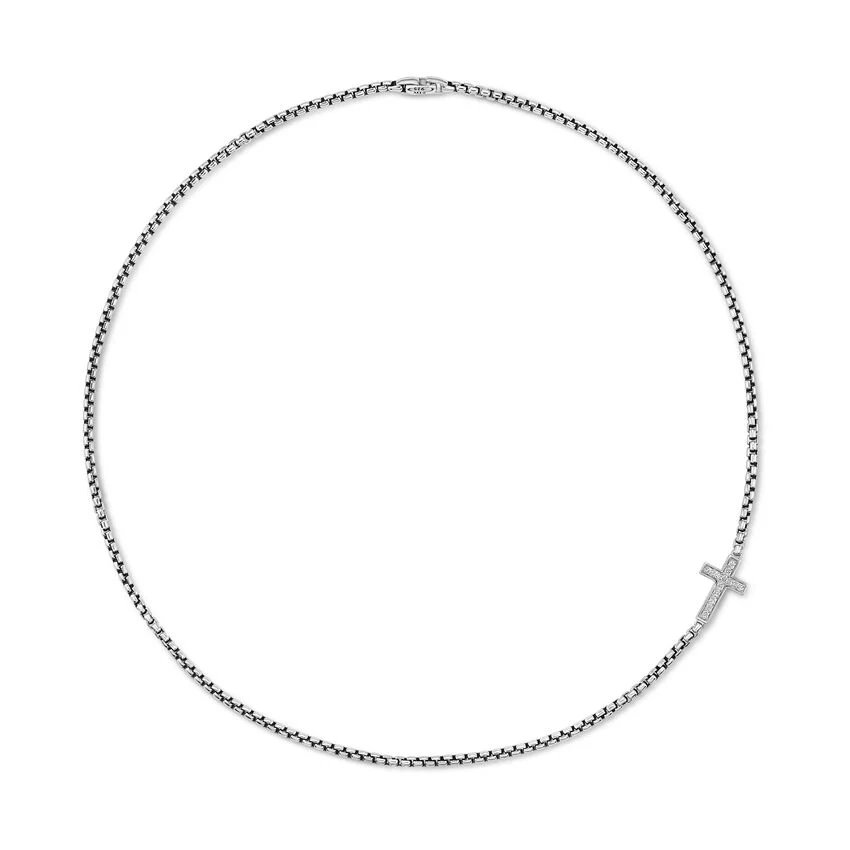Cross Station Necklace in Sterling Silver with Diamonds, 5mm, 22" - Image 2