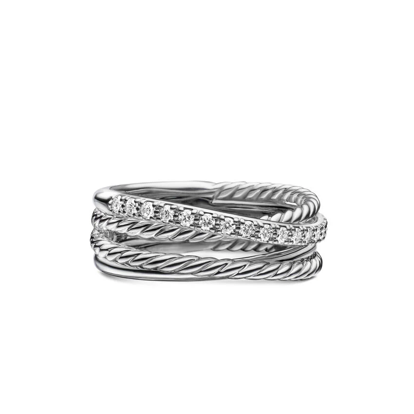 Crossover Band Ring in Sterling Silver with Diamonds, 6.8mm, Size 8
