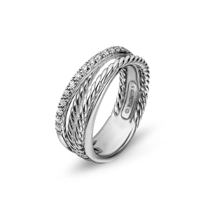 Crossover Band Ring in Sterling Silver with Diamonds, 6.8mm, Size 8 - Image 2
