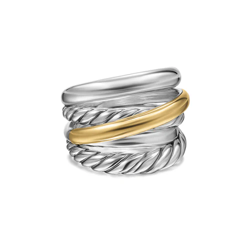 Crossover Five Row Ring in Sterling Silver with 14K Yellow Gold, 17.5mm, Size 7