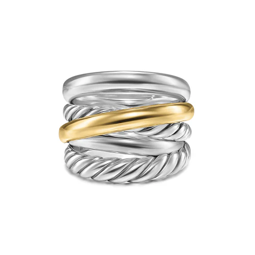 Crossover Five Row Ring in Sterling Silver with 14K Yellow Gold, 17.5mm, Size 8